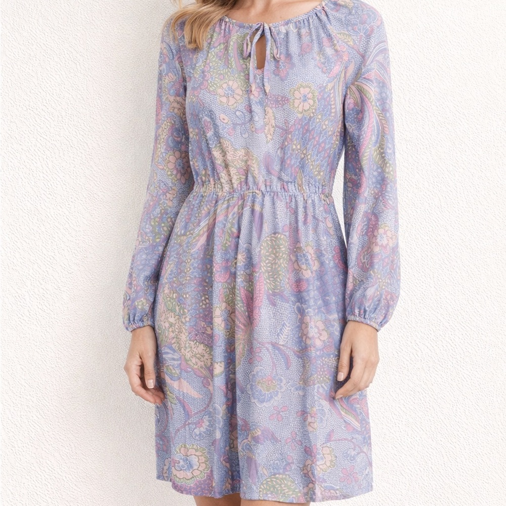 Vintage 80s Kevin Stuart Purple Floral Sheer Long Sleeve A Line Tea Dress LP